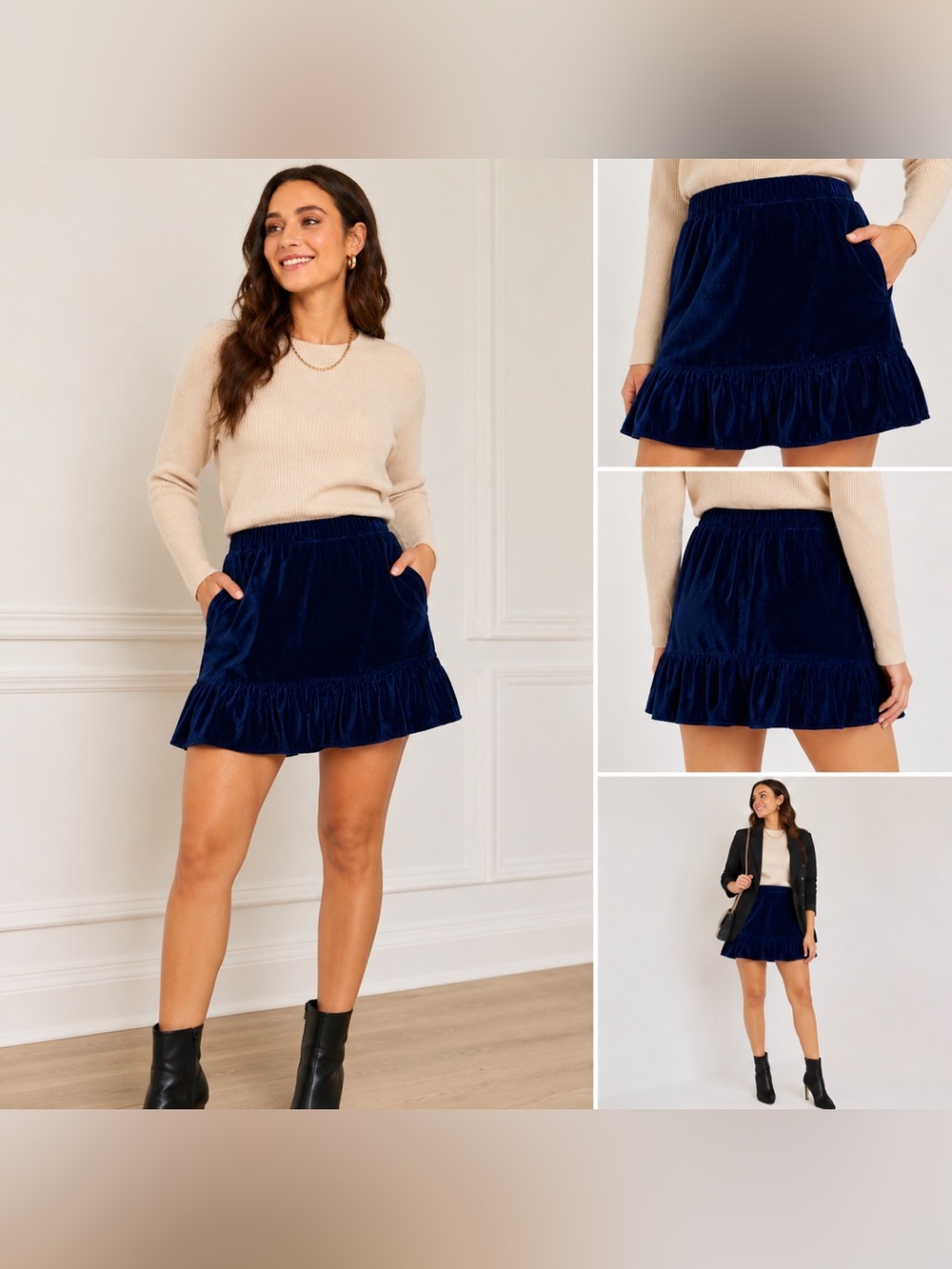 J.Crew Navy Velvet Ruffle Hem Mini Skirt XS Lined Pull-On
